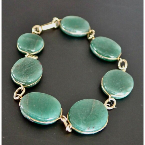Green Aventurine Necklace & Matching Bracelet Stone Disk Gold Tone Wire Links - Picture 5 of 16